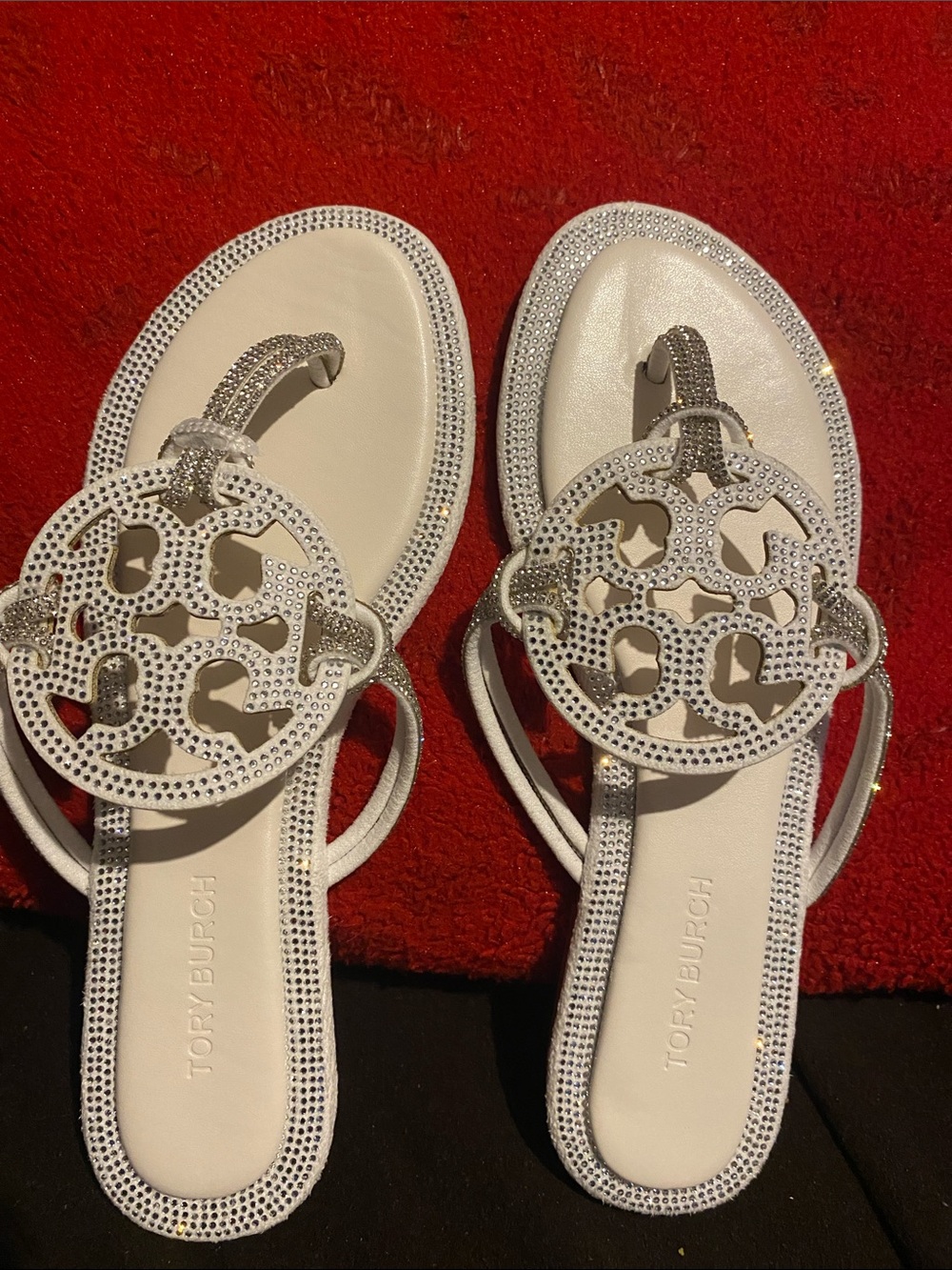 Tory Burch Metallic Silver Logo Crystal-Trim Thong Sandals